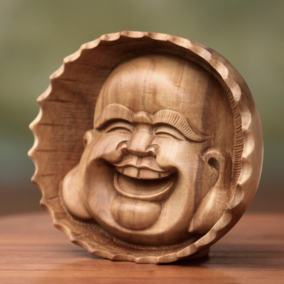 Wood mask, 'Happy Buddha' - Artisan Carved Buddha Mask