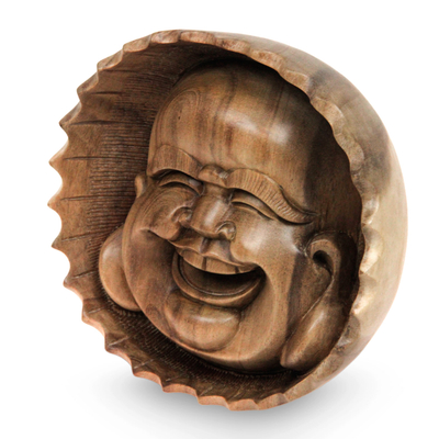 Wood mask, 'Happy Buddha' - Artisan Carved Buddha Mask