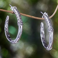 Sterling silver half hoop earrings, 'Serpent Bone' - Sterling Silver Half Hoop Earrings
