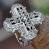 Ornate Sterling Silver Cross Ring from Bali,'Glorious Faith'