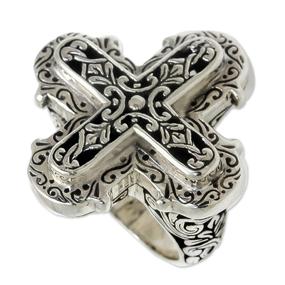 Sterling silver cross ring, 'Glorious Faith' - Ornate Sterling Silver Cross Ring from Bali