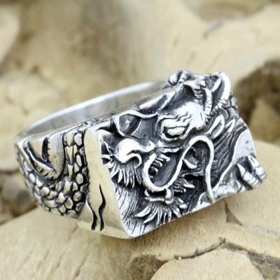 Mens sterling silver ring, Ancient Dragon
