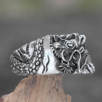Men's sterling silver ring, 'Ancient Dragon' - Men's Sterling Silver Dragon Ring