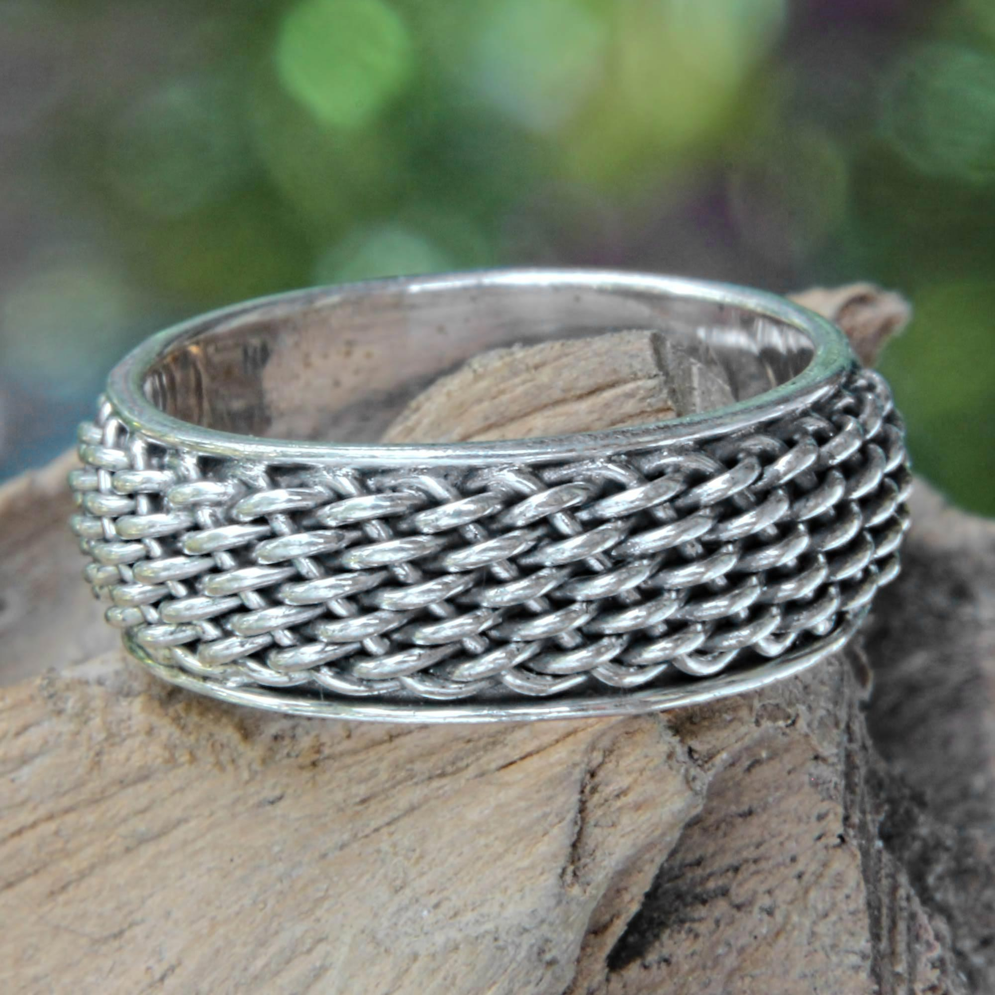 Women's Woven Silver Band Ring - Amlapura Weave