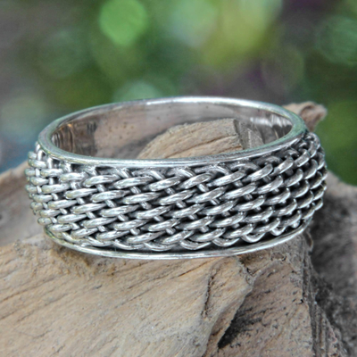 Sterling silver band ring, 'Amlapura Weave' - Women's Woven Silver Band Ring