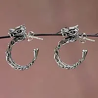 Sterling silver half-hoop earrings, 'Anantaboga Dragon' - Balinese Dragon Half-hoop Earrings