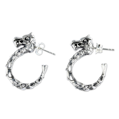 Sterling silver half-hoop earrings, 'Anantaboga Dragon' - Balinese Dragon Half-hoop Earrings