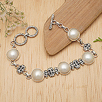 Cultured mabe pearl link bracelet, 'Moonlit Poem' - Unique Sterling Silver and Cultured Mabe Pearl Bracelet