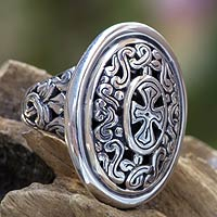 Sterling silver cocktail ring, 'Cross Shield'