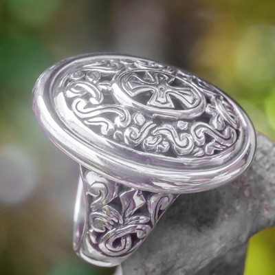 Sterling silver cocktail ring, 'Cross Shield' - Balinese Sterling Silver Cocktail Ring