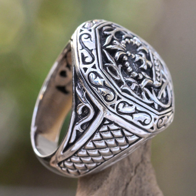 Men's sterling silver signet ring, 'Cardinal' - Men's Sterling Silver Cross Signet Ring