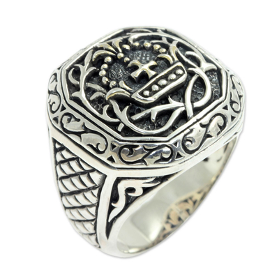 Men's sterling silver signet ring, 'Cardinal' - Men's Sterling Silver Cross Signet Ring