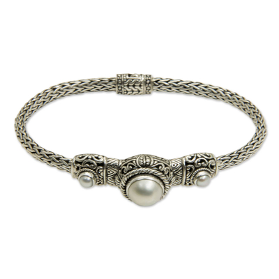 Pearl pendant bracelet, 'Celuk Nobility' - Pearl and Sterling Silver Pendant Bracelet