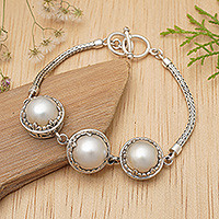 Special Price! Flower Motif Pink Mabe Pearl 925 Sterling Silver Bracelet