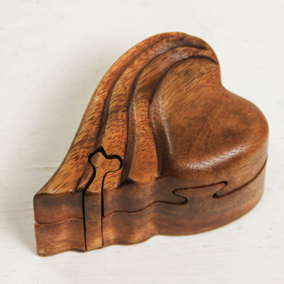 Wood puzzle box, 'Flying Heart' - Heart-shaped Wood Puzzle Box