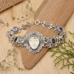 Multi-gemstone link bracelet, 'Noble Lady' - Multi-gemstone and Carved Bone Link Bracelet from Bali