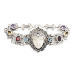 Multi-gemstone link bracelet, 'Noble Lady' - Multi-gemstone and Carved Bone Link Bracelet from Bali