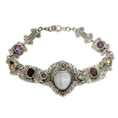 Multi-gemstone link bracelet, 'Noble Lady' - Multi-gemstone and Carved Bone Link Bracelet from Bali