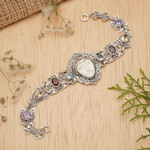 Multi-gemstone link bracelet, 'Noble Lady' - Multi-gemstone and Carved Bone Link Bracelet from Bali