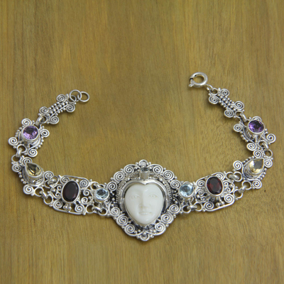 Multi-gemstone link bracelet, 'Noble Lady' - Multi-gemstone and Carved Bone Link Bracelet from Bali