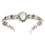 Multi-gemstone link bracelet, 'Noble Lady' - Multi-gemstone and Carved Bone Link Bracelet from Bali