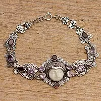 Pulsera de eslabones de amatista y granate, 'Princesa durmiente' - Pulsera de eslabones de plata de ley con amatista y granate de Bali