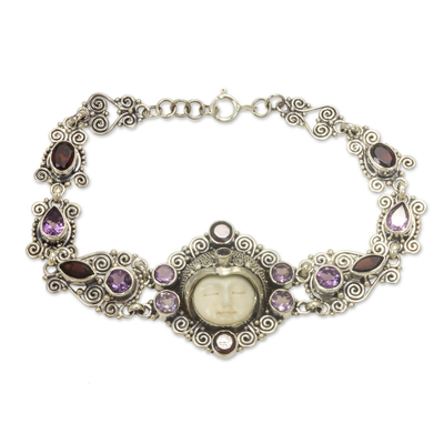 Amethyst and garnet link bracelet, 'Sleeping Princess' - Amethyst and Garnet Sterling Silver Link Bracelet from Bali
