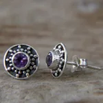 Amethyst stud earrings, 'Winter Halo' - Amethyst and Sterling Silver Stud Earrings from Bali