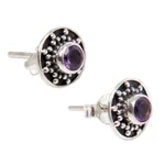 Amethyst stud earrings, 'Winter Halo' - Amethyst and Sterling Silver Stud Earrings from Bali