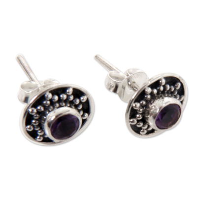 Amethyst stud earrings, 'Winter Halo' - Amethyst and Sterling Silver Stud Earrings from Bali