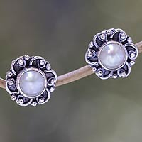 Pearl flower stud earrings, 'Moonlit Blossoms'