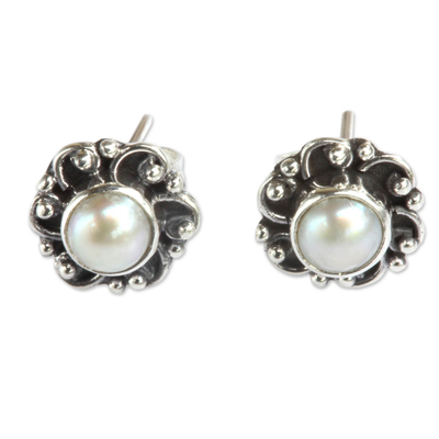 Sterling Silver and Pearl Flower Stud Earrings - Moonlit Blossoms | NOVICA