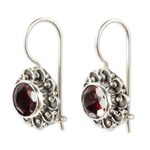 Garnet drop earrings, 'Singaraja Sunflower Red' - Silver and Garnet Sunflower Drop Earrings from Bali
