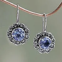 Blue topaz drop earrings, 'Singaraja Sunflower Blue' - Balinese Blue Topaz Sunflower Drop Earrings