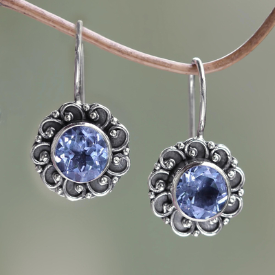 Blue topaz drop earrings, 'Singaraja Sunflower Blue' - Balinese Blue Topaz Sunflower Drop Earrings