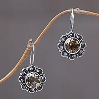 Citrine drop earrings, 'Singaraja Sunflower' - Sterling Silver and Citrine Sunflower Drop Earrings