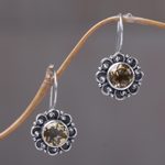 Citrine drop earrings, 'Singaraja Sunflower' - Sterling Silver and Citrine Sunflower Drop Earrings