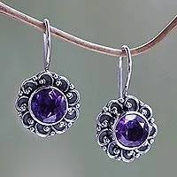 Amethyst drop earrings, 'Singaraja Sunflower Purple' - Amethyst Sunflower Drop Earrings from Bali