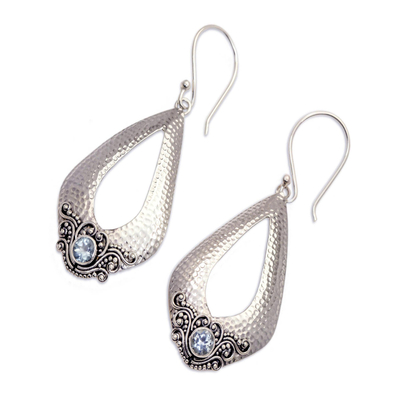 Blue topaz dangle earrings, 'Blue Sukawati Glamour' - Blue Topaz and Hammered Silver Dangle Earrings