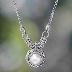 Cultured Pearl and Sterling Silver Pendant Necklace, 'Hapsari'