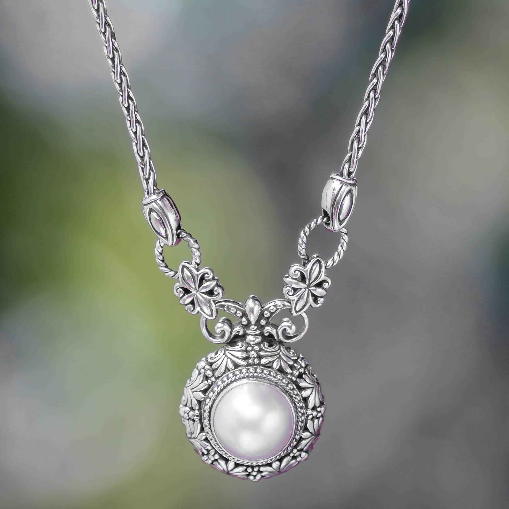 Cultured Pearl and Sterling Silver Pendant Necklace - Hapsari | NOVICA