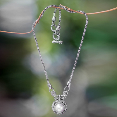 Cultured pearl pendant necklace, 'Hapsari' - Cultured Pearl and Sterling Silver Pendant Necklace
