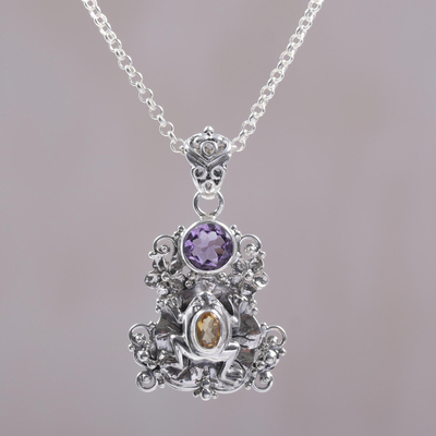 Amethyst and citrine pendant necklace, 'Rainforest Frog' - Amethyst and Citrine Frog Pendant Necklace from Bali
