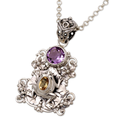 Amethyst and citrine pendant necklace, 'Rainforest Frog' - Amethyst and Citrine Frog Pendant Necklace from Bali