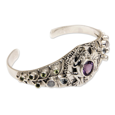 Gemstone cuff bracelet, 'Frog Song' - Multi-gemstone Silver Cuff Bracelet from Bali