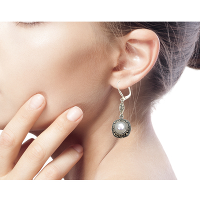 Mabe pearl dangle earrings, 'Serene Dreams' - Balinese Mabe Pearl and Sterling Silver Dangle Earrings