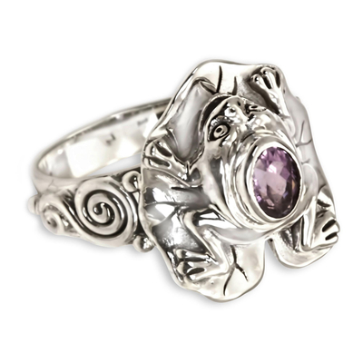 Amethyst cocktail ring, 'Lilac Rainforest Frog' - Amethyst and Silver Frog Cocktail Ring