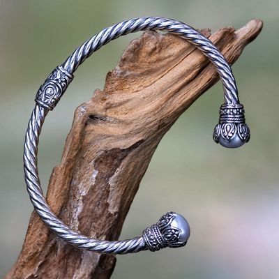 Cultured pearl cuff bracelet, 'Cotton Boll' - Cultured Pearl and Sterling Silver Cuff Bracelet from Bali