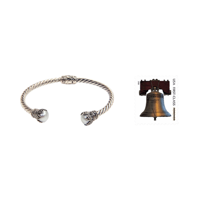 Cultured pearl cuff bracelet, 'Cotton Boll' - Cultured Pearl and Sterling Silver Cuff Bracelet from Bali