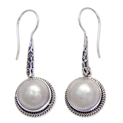 Cultured pearl dangle earrings, 'White Camellia' - Cultured Mabe Pearl Dangle Earrings from Bali